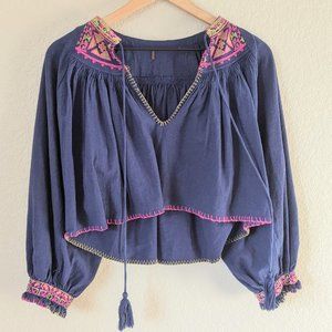 Free People Blue Embroidered Cropped Top S